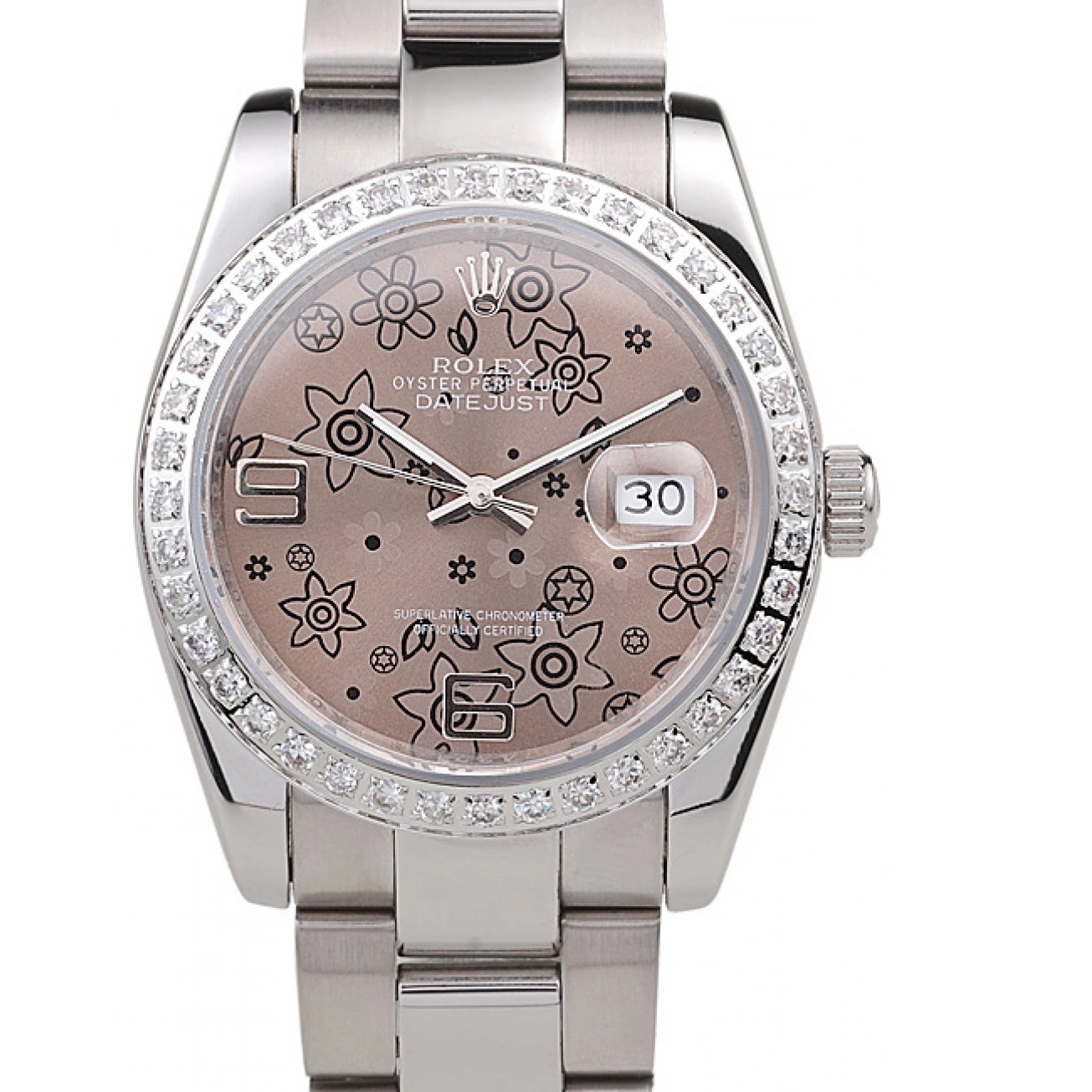 Aaa replica watch Polished Datejust Stainless Brown Steel Dial Diamond Flowers Plated Rolex 1025